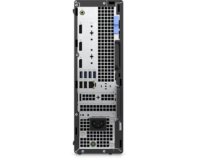 Picture of a Dell OptiPlex 7000 Small Form Factor on its back showing the ports available behind the product. 