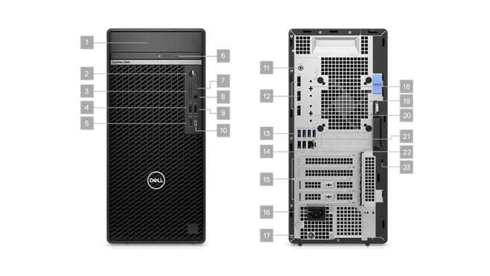 Zdjęcie przedstawiające dwa komputery stacjonarne Dell OptiPlex 7000 Tower, jeden z przodu i jeden z tyłu, z liczbami wskazującymi 23 porty.