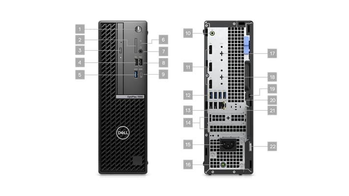 Picture of two Dell OptiPlex 7000 Small Form Factor Desktops with numbers from 1 to 22 signaling product ports & slots.