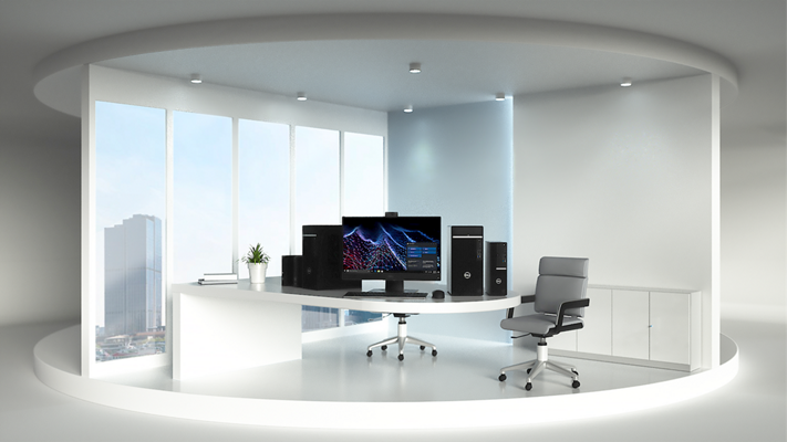 Obrázek prosvětlené, prostorné místnosti s kancelářským nábytkem. Na bílém stole jsou produkty Dell a stolní počítač OptiPlex 7400 AIO.
