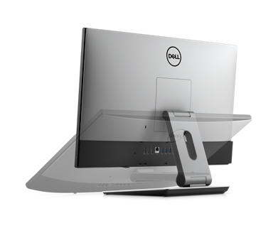 Picture of a Dell OptiPlex 7400 All-in-One Desktop on its back showing Dell logo and ports available behind the product.