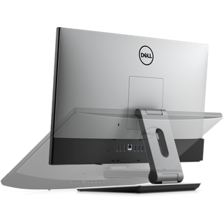 Imagem de um Desktop Dell OptiPlex 7400 All-in-One de costas mostrando o logótipo Dell e as portas disponíveis por detrás do produto.