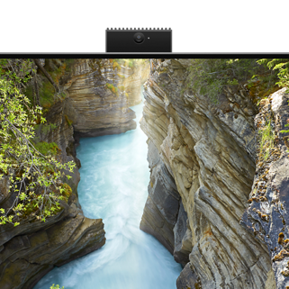 Imagem do ecrã de um Desktop Dell OptiPlex 7400 All-in-One focada na câmara Web disponível na parte superior do produto.