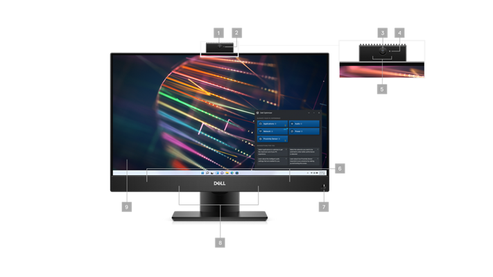 Imagem de um Desktop Dell OptiPlex 7400 All-in-One e uma câmara Web com números de 1 a 9 a assinalar as portas e as ranhuras do produto.