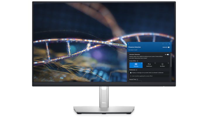 Obrázek monitoru Dell s barevným pozadím a nástrojem Dell Optimizer na obrazovce