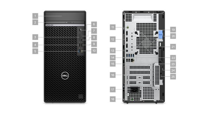 Image de deux ordinateurs de bureau Dell OptiPlex XE4 au format tour, l’un vu de face, l’autre vu de dos, auxquels des chiffres ont été ajoutés pour indiquer les 25 ports.