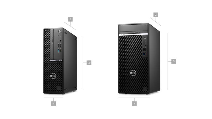 תמונה של OptiPlex XE4 של Dell בתצורת Tower ובתצורת גורם צורה קטן, עם מספרים מ-1 עד 3 המציינים את מידות המוצר ומשקלו.