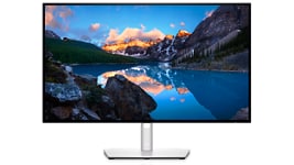 Picture of a Dell UltraSharp U2722D Monitor with a nature landscape on the background.