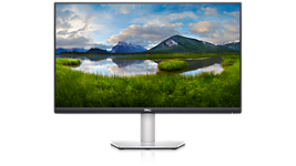 Imagem de um Monitor Dell S2722QC com uma paisagem da natureza no ecrã.