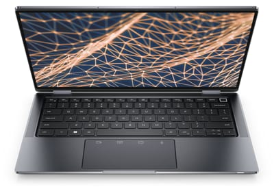 Imagen de una laptop Dell Latitude 13 2 en 1 9330 con un fondo color naranja y azul oscuro en la pantalla. 