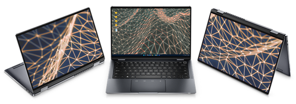 Zdjęcie trzech notebooków Dell Latitude 13 9330 2 w 1: jeden otwarty jako laptop, dwa otwarte jako tablety.