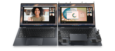 Image de deux ordinateurs portables 2-en-1 Dell Latitude 13 9330 placés côte à côte.