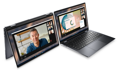 Zdjęcie dwóch notebooków Dell Latitude 13 9330 2 w 1 — jednego otwartego w trybie notebooka, a drugiego w trybie tabletu.
