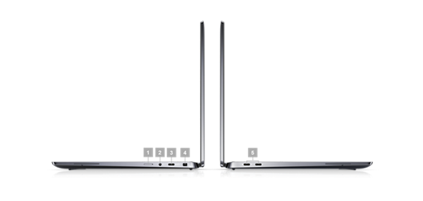 Kuva kahdesta kannettavasta Dell Latitude 13 2-in-1 9330 -tietokoneesta sivuttain, numerot 1–5 osoittavat tuotteen portit.