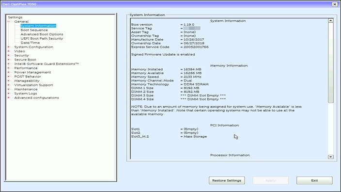 Interfața BIOS sau UEFI pe un sistem OptiPlex 7050.