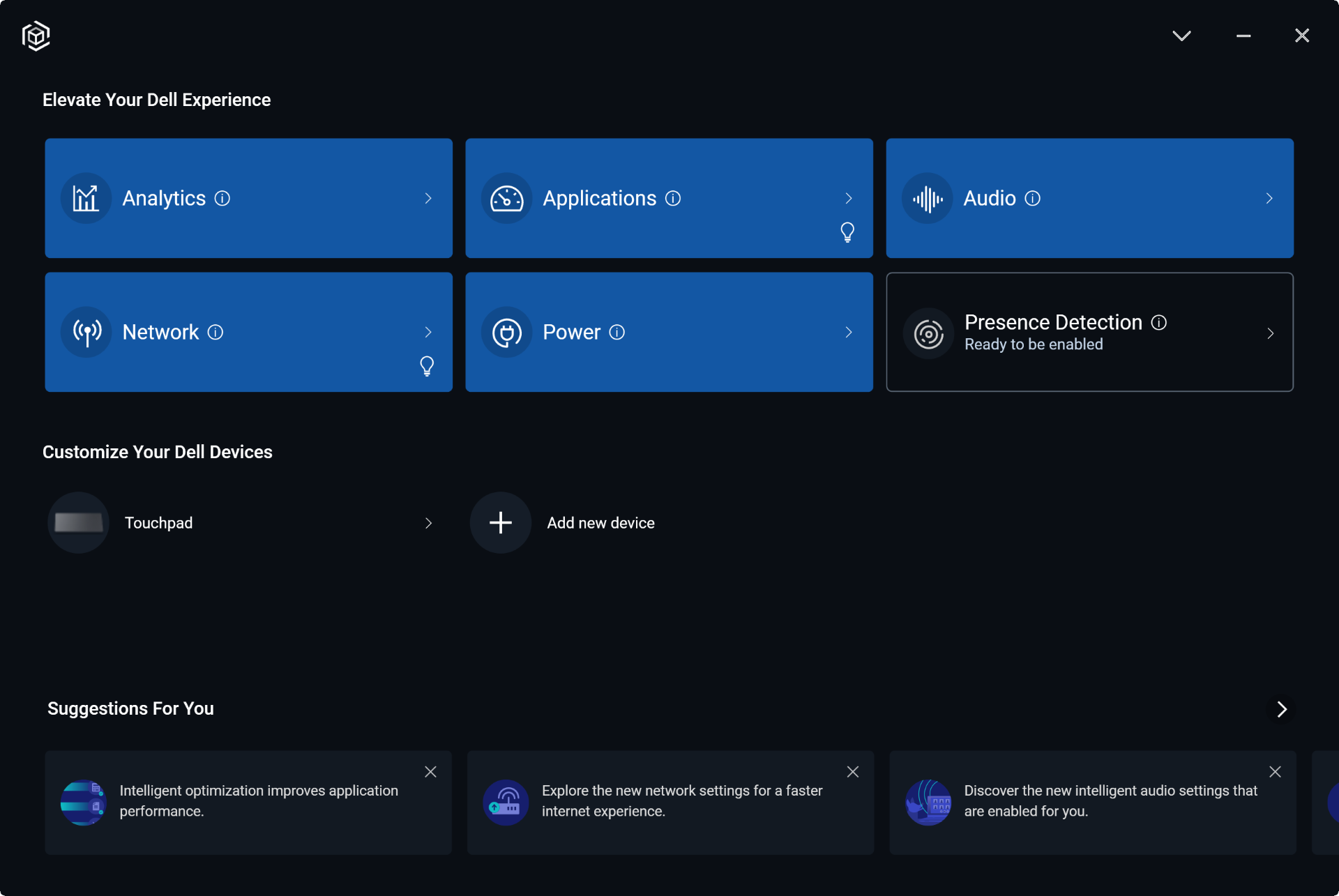 Analyses, applicaties, audio, netwerk en aan/uit-knop weergegeven in de Dell Optimizer app