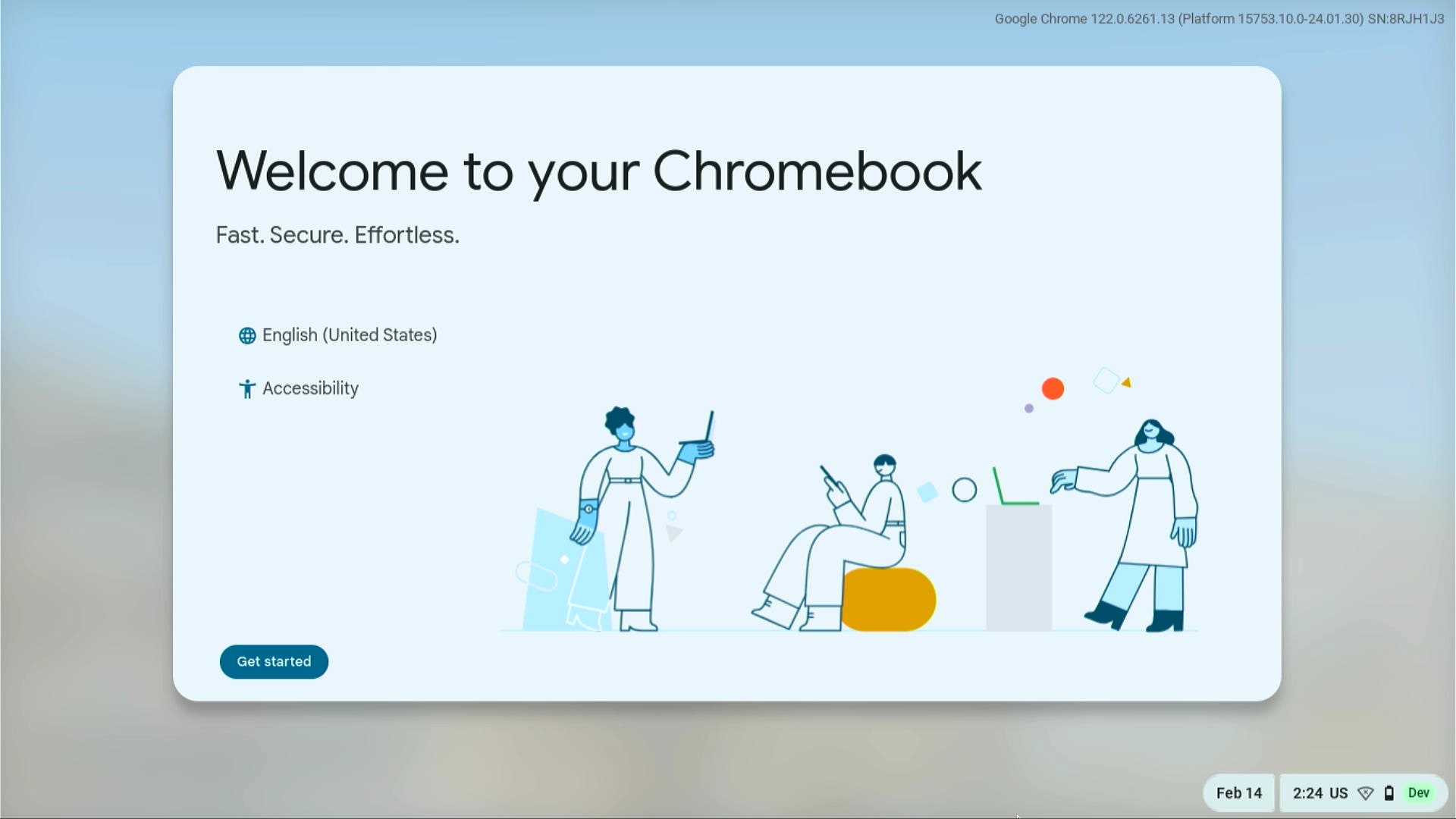 Language and accessibility settings on the Chromebook set up screen