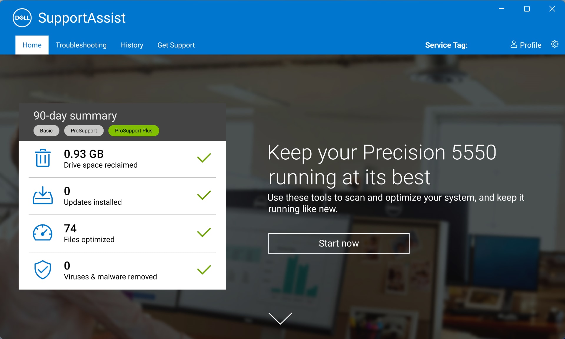 Start now button on the SupportAssist app for Windows