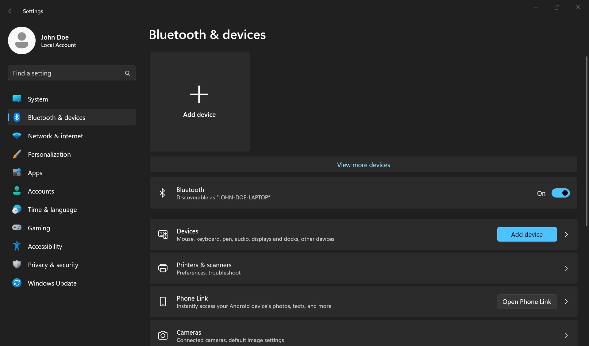 Eszköz hozzáadása gomb és Bluetooth-bekapcsológomb a Bluetooth-beállítások alatt a Windowsban