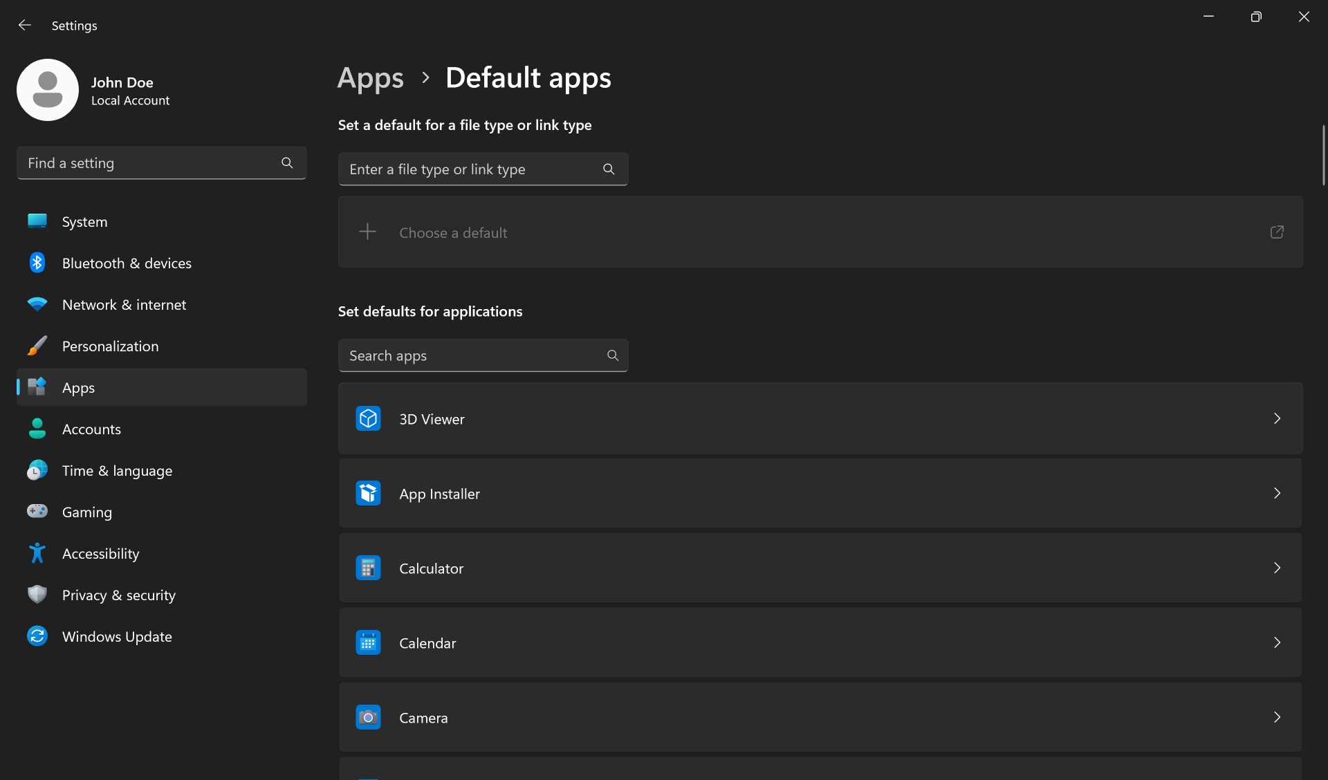 Set defaults for file type or application under the Default apps settings in Windows