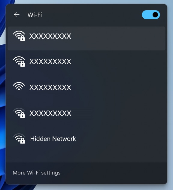 Nearby wireless networks shown on the Wi-Fi quick settings in Windows