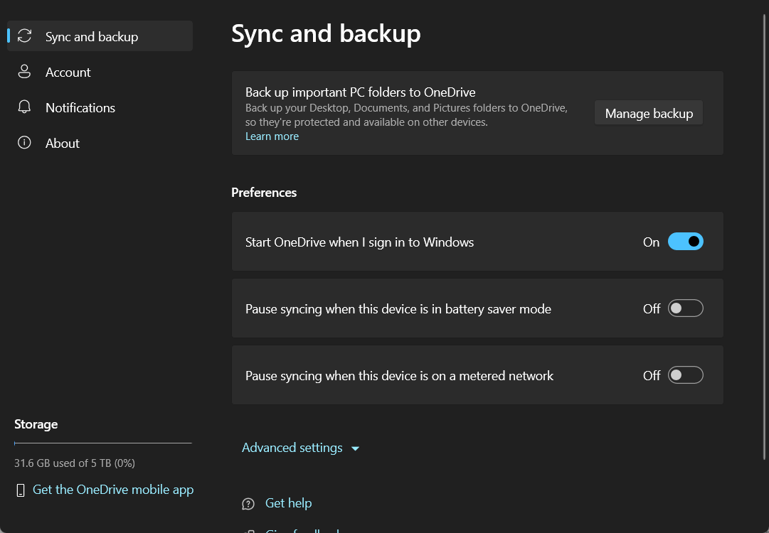 Bouton Manage backup dans les paramètres de synchronisation et de sauvegarde OneDrive