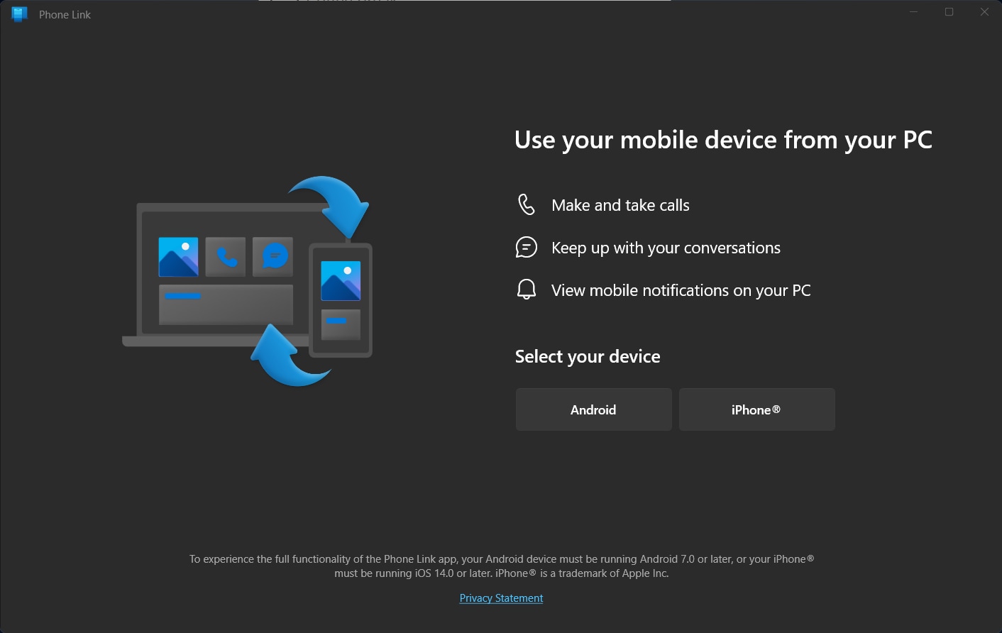 Seleccione el botón Android o iPhone en la aplicación Enlace Móvil de Windows.