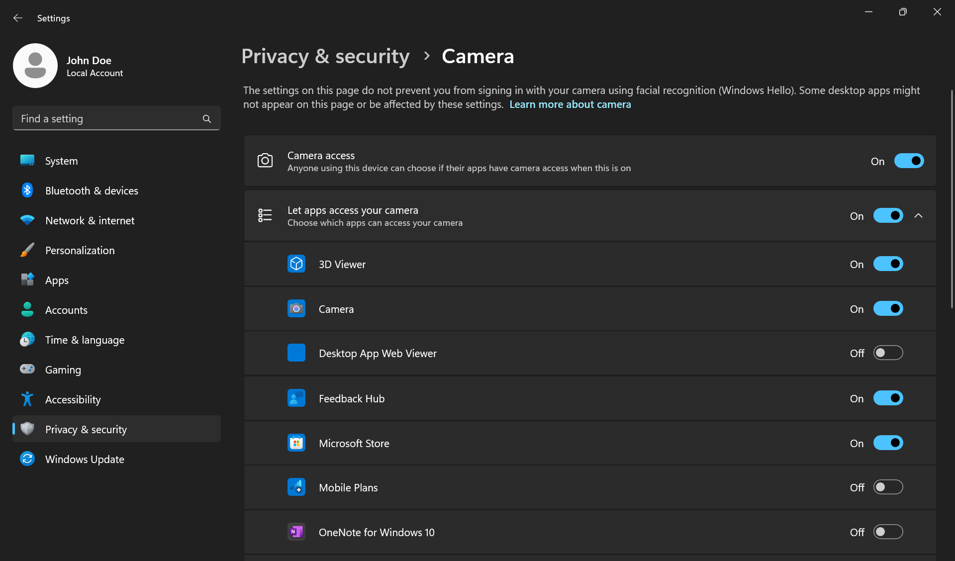 Alternancia de acceso a la cámara en la configuración de privacidad de la cámara en Windows.