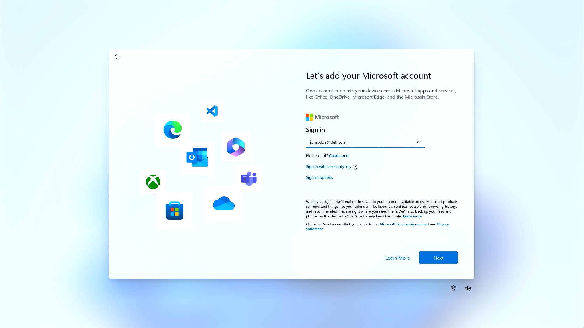 Microsoft account sign in screen during Windows setup