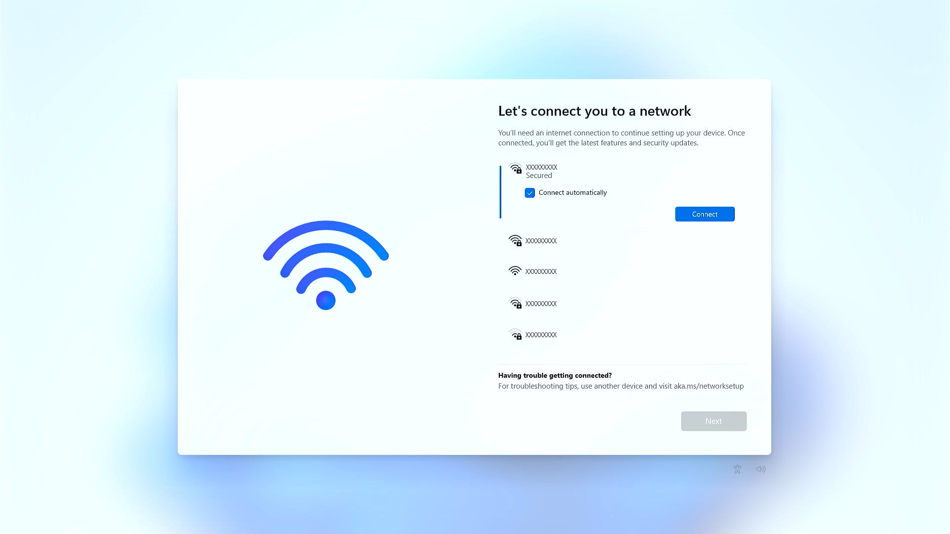 List of nearby wireless networks shown during Windows setup
