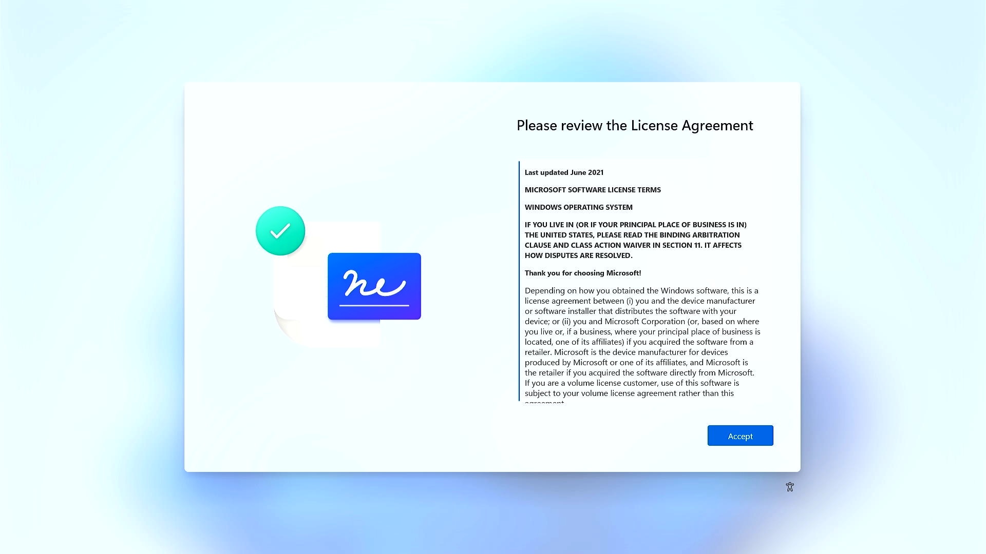 Het scherm Licentieovereenkomst wordt weergegeven tijdens het instellen van Windows