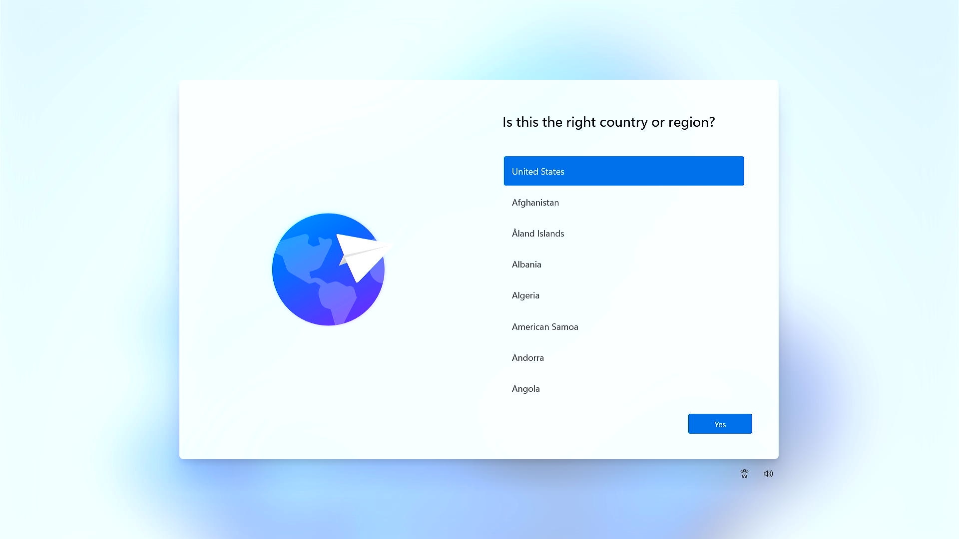 Select your location from the list of regions shown during Windows setup
