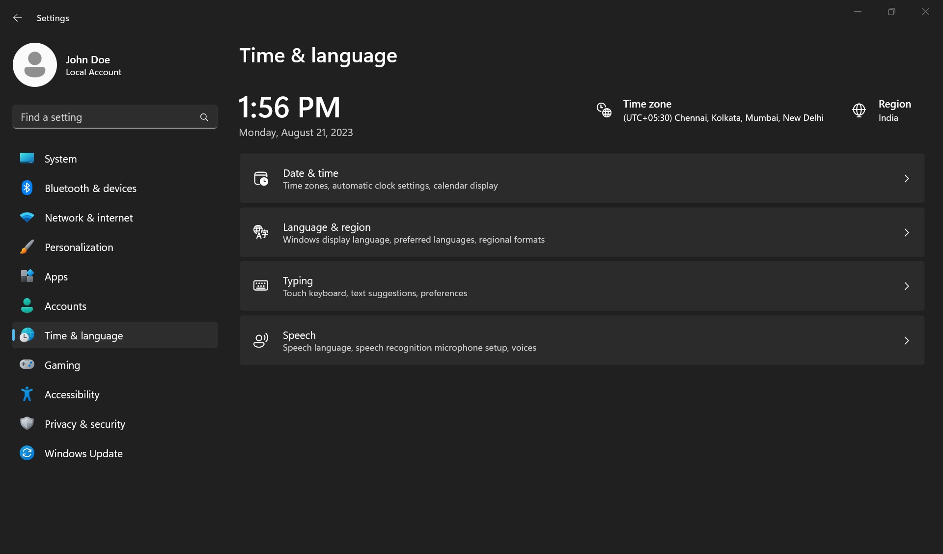 Date, time, language, region, typing, and speech options under the Time and language settings in Windows