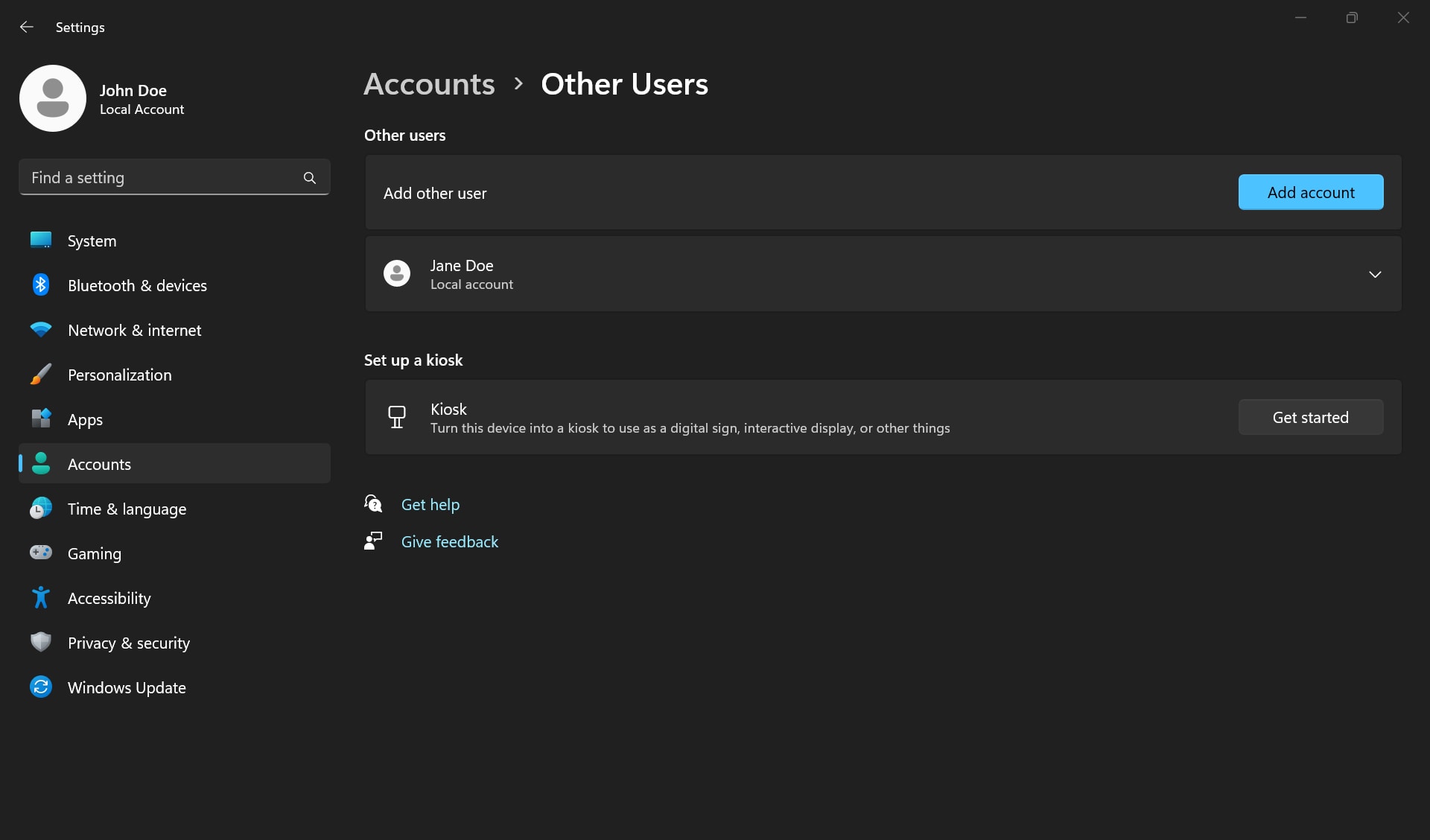 Add account button under the Other user settings in Windows
