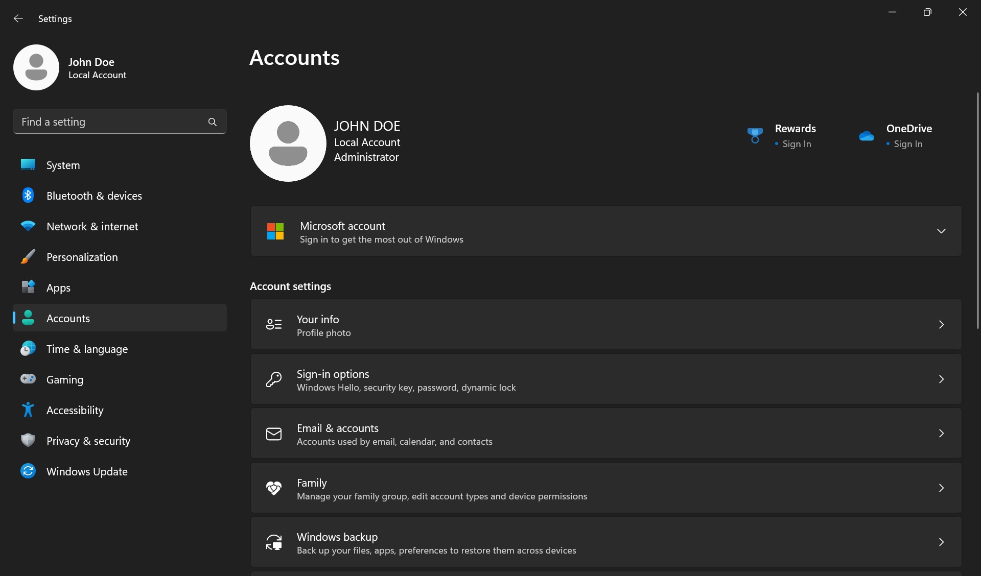 User name, sign-in options, and profile photo under the User account settings in Windows