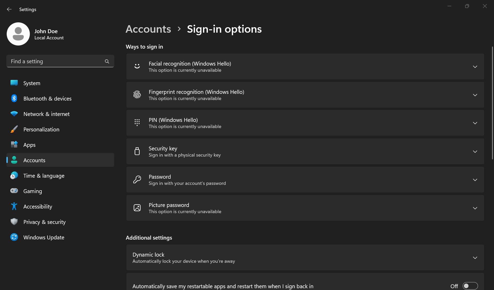 Windows hello, facial recognition, fingerprint recognition, PIN, password settings under the Sign-in options in Windows