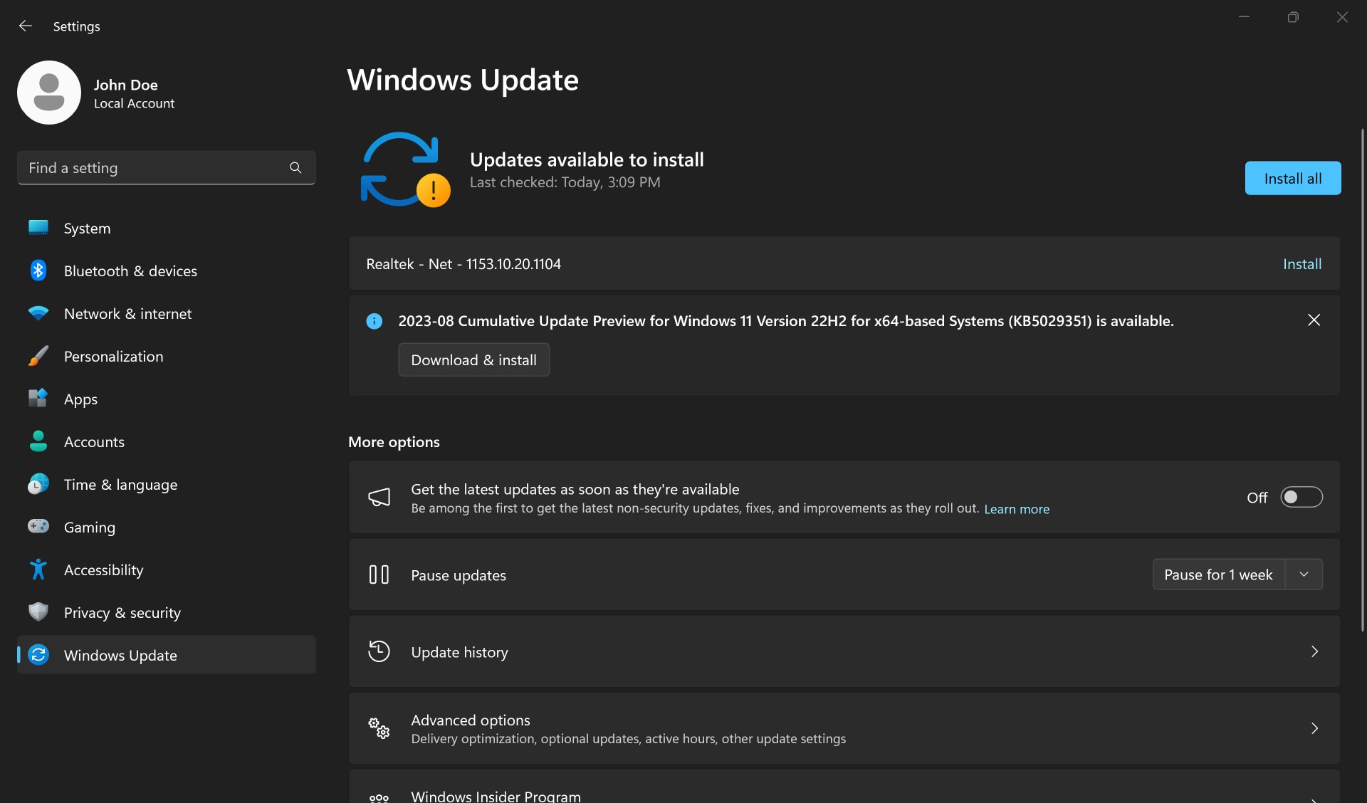 Tlačítko Nainstalovat vše v nastavení aplikace Windows Update