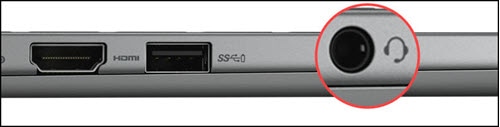 ノートパソコンのサイド パネルにあるスピーカーとヘッドセットのコンボ コネクター。