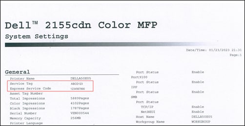 Ilustracja przedstawiająca raport z ustawieniami drukarki firmy Dell zawierający kod Service Tag i kod obsługi ekspresowej