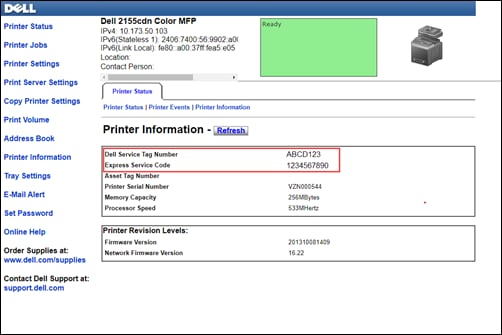 Imagen de la página de configuración web de una impresora láser Dell