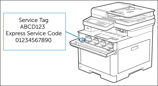 Imagen de la impresora láser Dell que tiene la etiqueta de servicio dentro del compartimiento del tóner.
