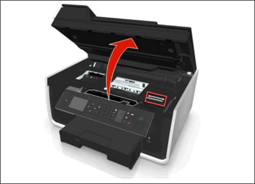 Imagen de la impresora de inyección de tinta Dell que tiene la etiqueta de servicio debajo de la tapa superior.