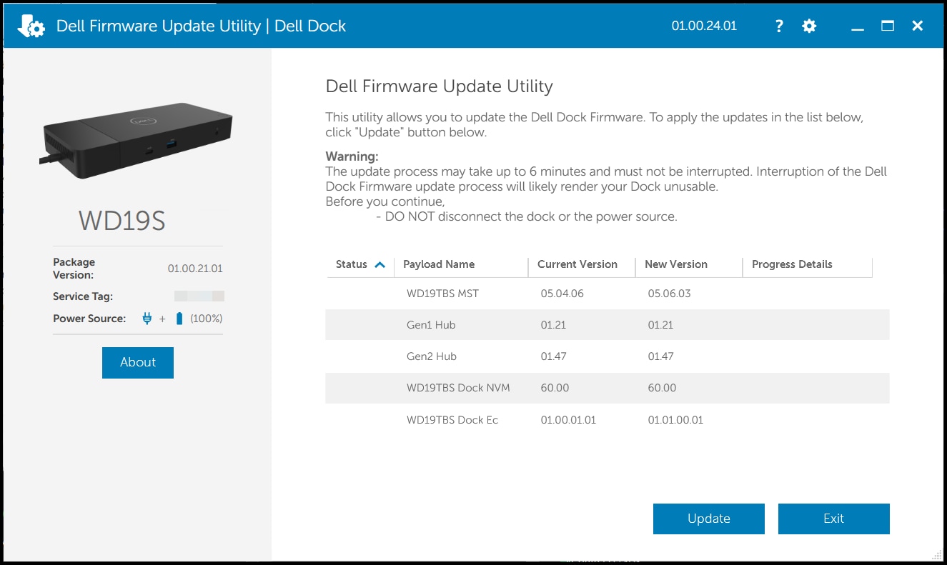 Ejemplo de la pantalla de inicio de la utilidad de actualización del firmware de la estación de acoplamiento Dell WD19TBS