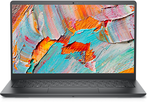 Picture of a Dell Vostro 14 3420 Laptop with a colorful background and a dashboard on the screen.