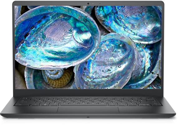 Picture of a Dell Vostro 14 3420 Laptop with a colorful background and a dashboard on the screen.
