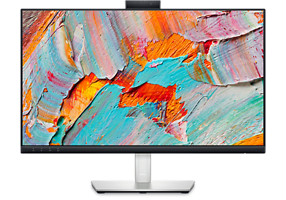 Image du moniteur de vidéoconférence Dell C2423H sur un fond blanc qui affiche un arrière-plan bleu et blanc à l’écran.